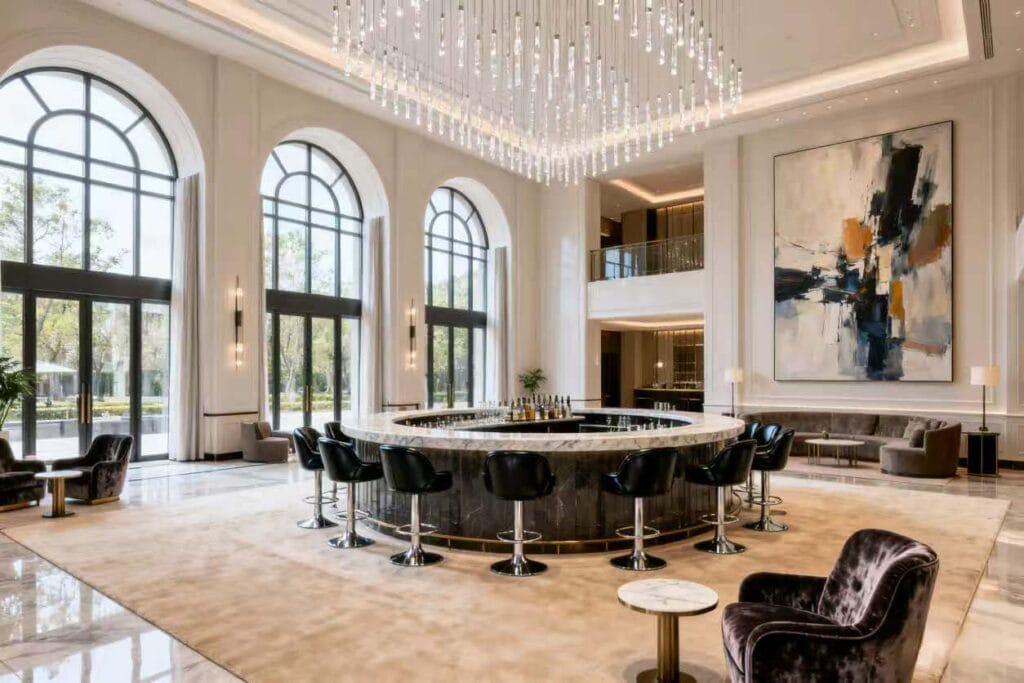 Hotel furniture export checklist-Lobby bar counter and bar stools designed for durability and style for global buyers