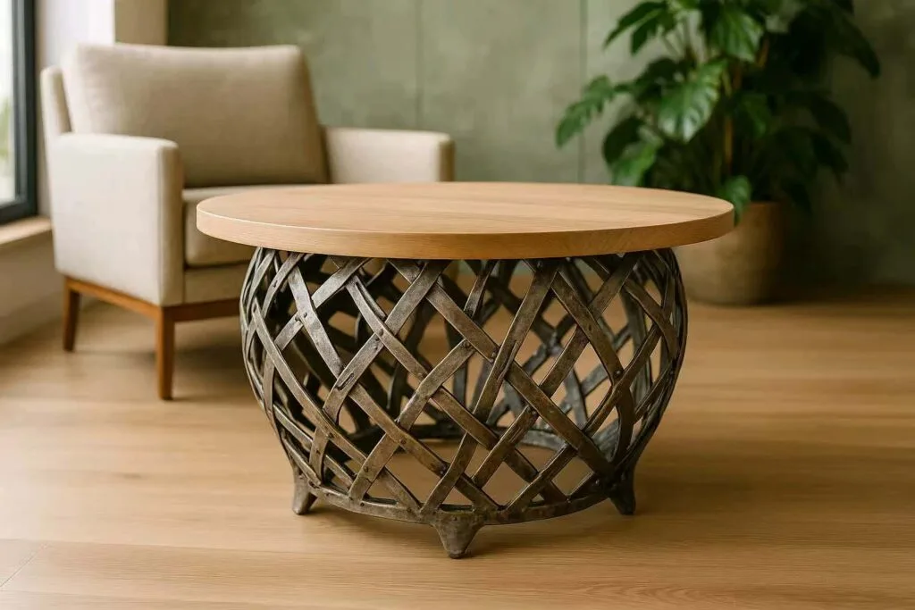 Close-up of eco-friendly hotel furniture details: non-toxic finish and recycled metal legs