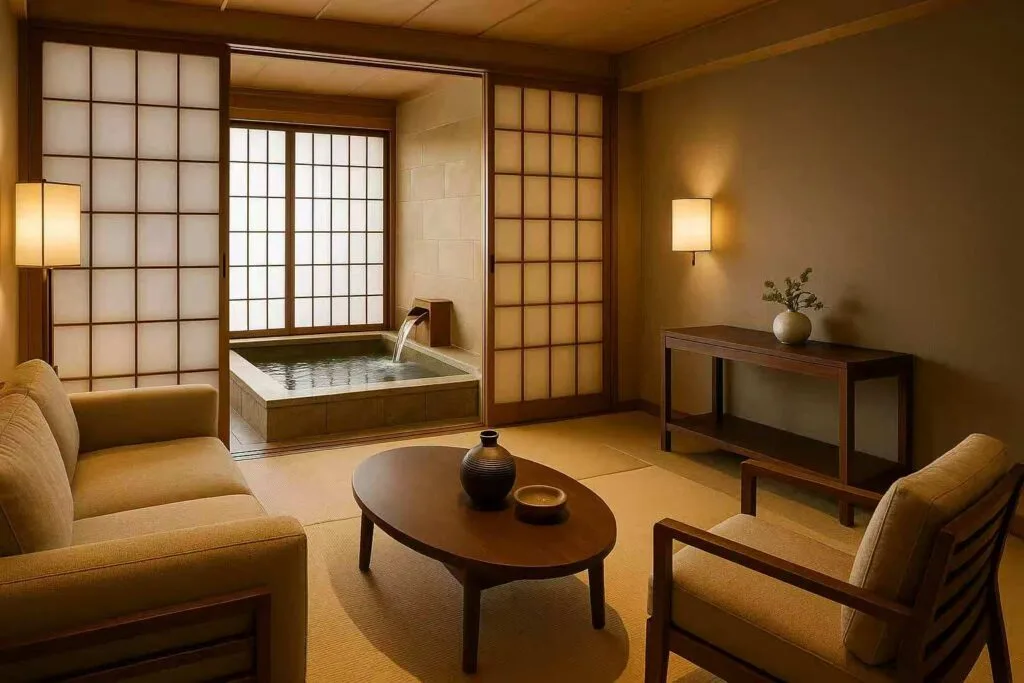 Best Materials for Hotel Furniture in Japan 8 Materials for Hotel Furniture-Onsen hotel guest room with natural wood finishes and Japanese spa ambiance