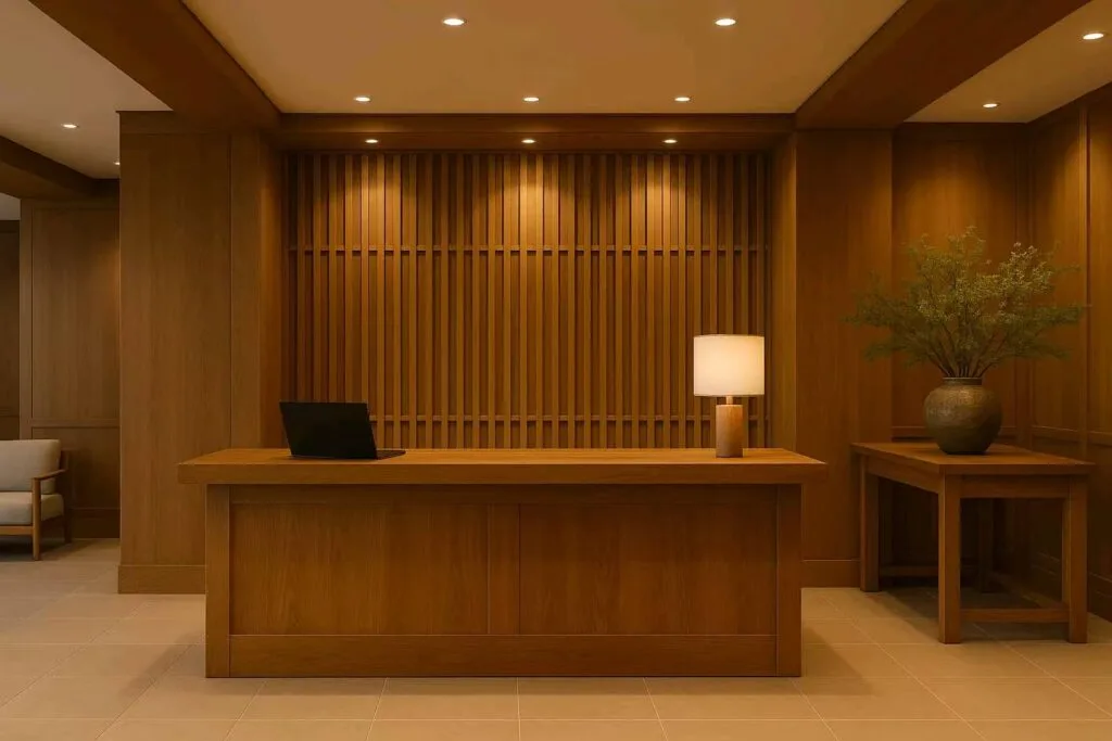 Best Materials for Hotel Furniture in Japan 3 Materials for Hotel Furniture-Reception desk made of solid wood furniture in a hotel lobby