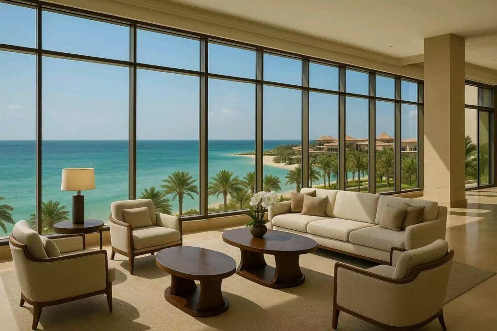 Beachfront seating area with custom hotel furniture overlooking Gulf sea view
