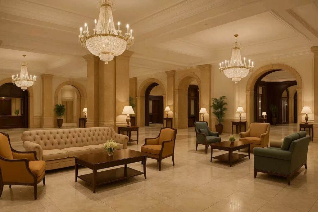 Hotel Furniture Exporter-Spacious hotel lobby with stylish seating and reception area