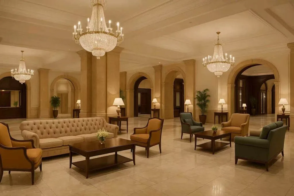 Top Hotel Furniture Exporter for Saudi Arabia 1 Hotel Furniture Exporter-Spacious hotel lobby with stylish seating and reception area
