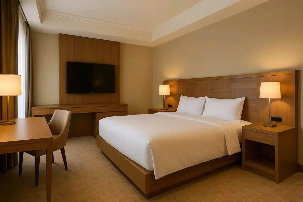 Best Materials for Hotel Furniture in Japan 4 Materials for Hotel Furniture-Hotel guest room featuring engineered wood furniture and modern interior