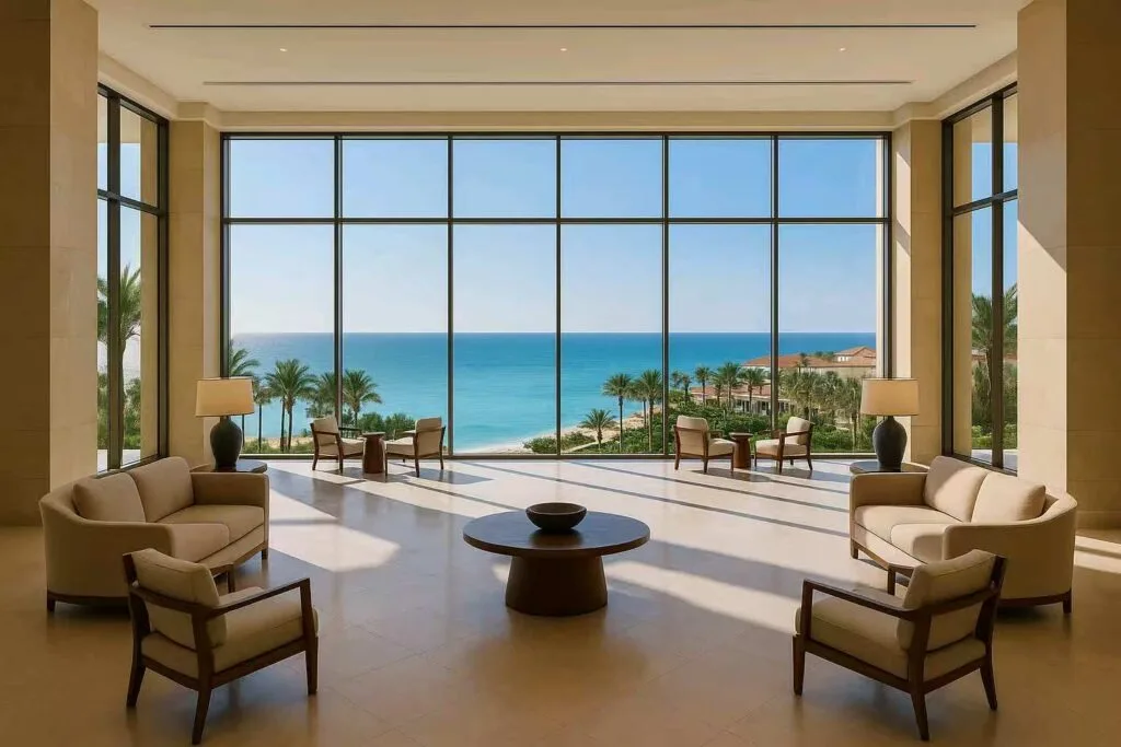 Grand lobby seating with custom hotel furniture in Gulf resort