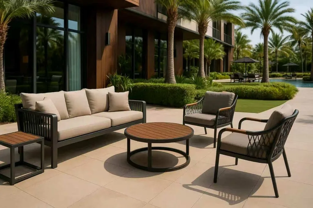 Best Materials for Hotel Furniture in Japan 5 Materials for Hotel Furniture-Outdoor hotel seating area combining metal frame and wood veneer furniture