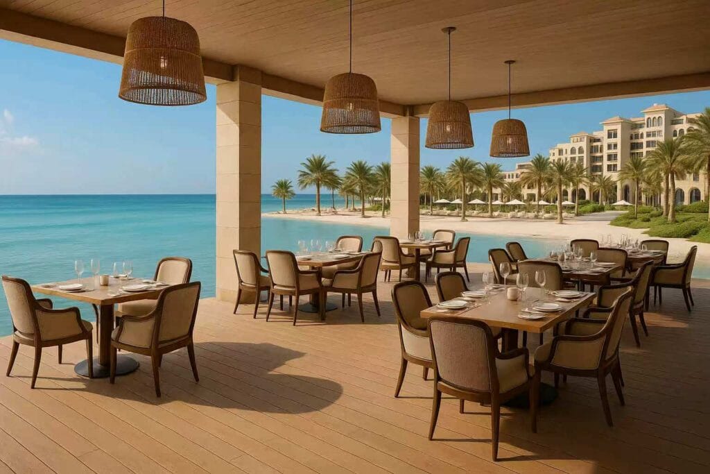 Beach outdoor dining area featuring custom hotel furniture and coastal views
