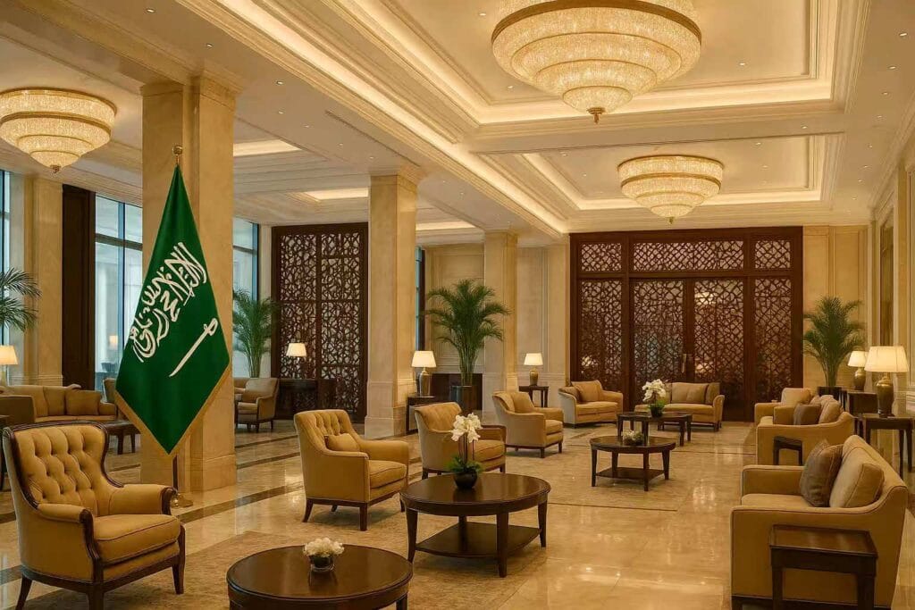 Hotel lounge area with sofas and relaxing atmosphere