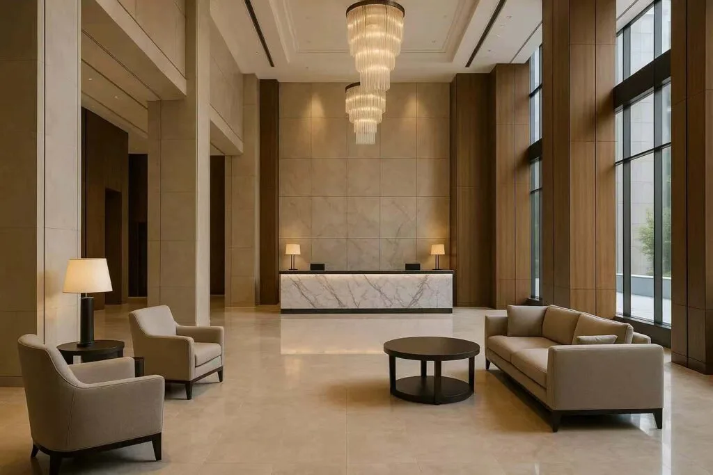 Best Materials for Hotel Furniture in Japan 6 Materials for Hotel Furniture-Luxury hotel lobby with marble countertop and premium furnishings