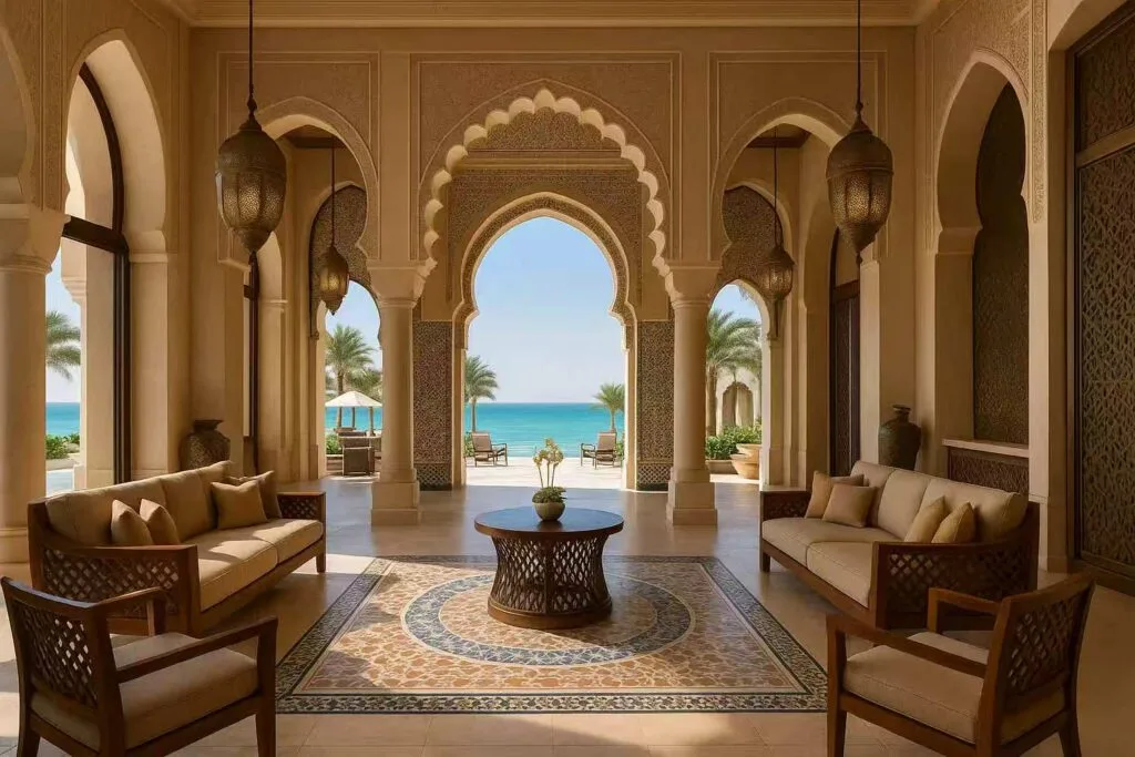 Arabic arch-shaped entrance with custom hotel furniture and carved metal screens
