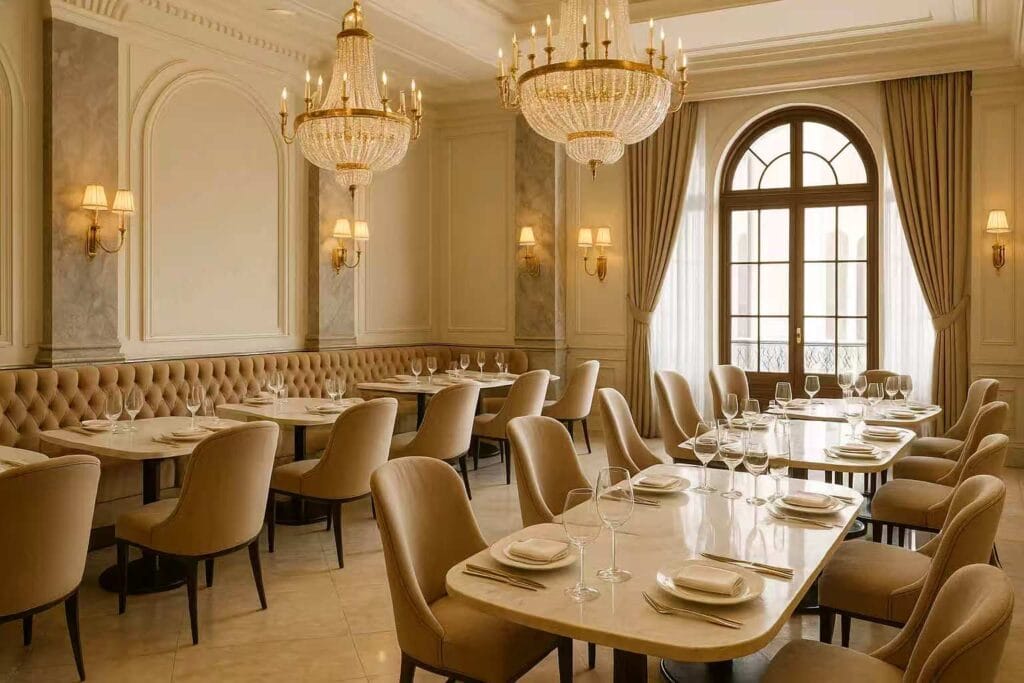 Hotel restaurant with dining tables and ambient lighting design