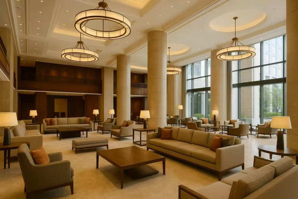 Materials for Hotel Furniture-Hotel lounge seating area with sofa, upholstered , cushions and chairs