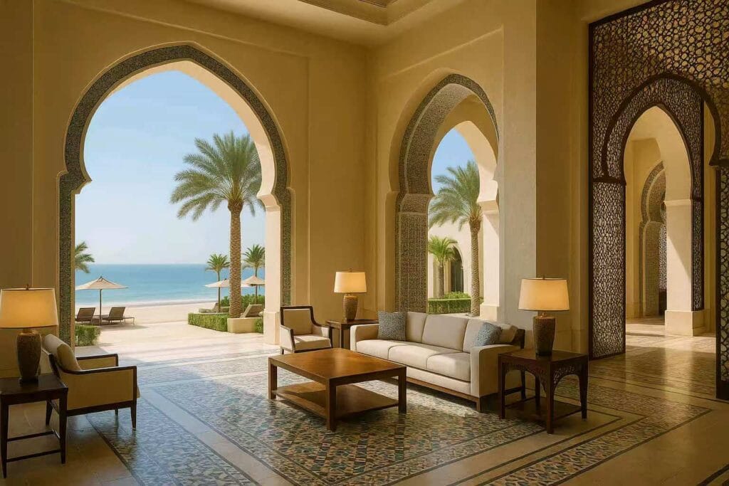 Beachfront seating area with custom hotel furniture and Arabic arch frames
