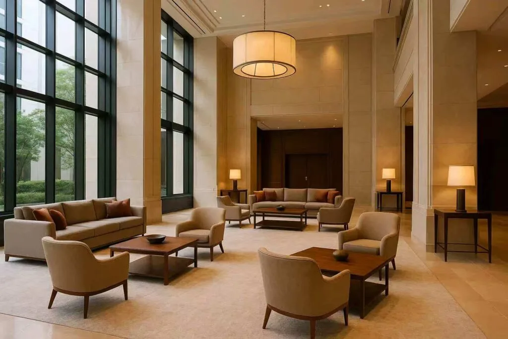 Best Materials for Hotel Furniture in Japan 7 Materials for Hotel Furniture-Public lounge sofas and cushions use wear-resistant, stain-proof materials.