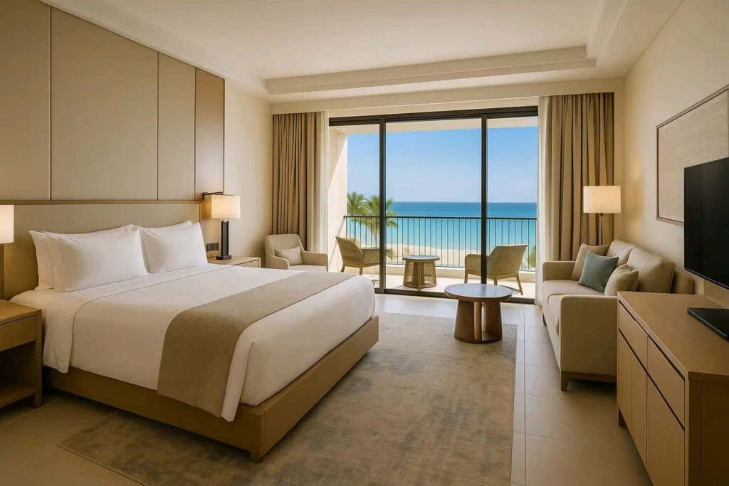 Guest room furnished with custom hotel furniture suited for Gulf climate