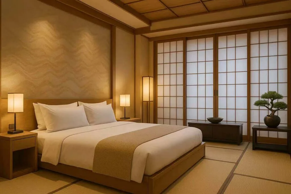 Best Materials for Hotel Furniture in Japan 9 Materials for Hotel Furniture-Japanese-style hotel rooms have wooden screens, low tables and other wooden elements.