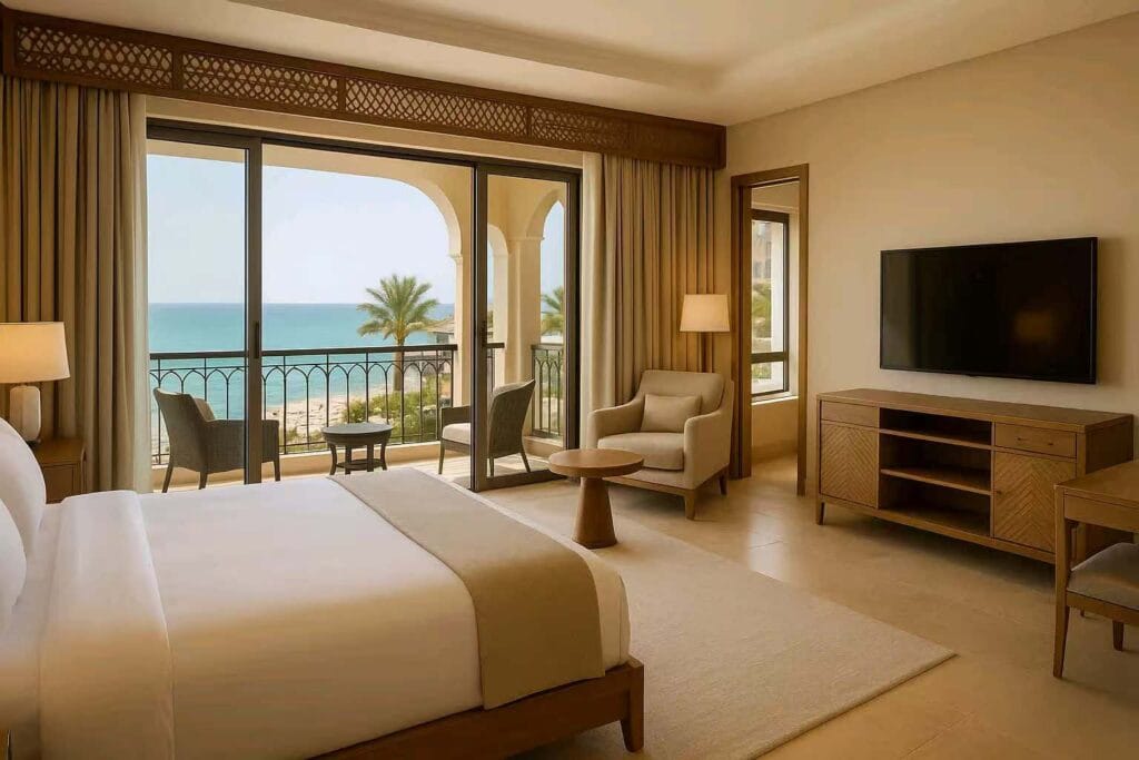 Guest room furnished with bespoke custom hotel furniture durable for Gulf climate