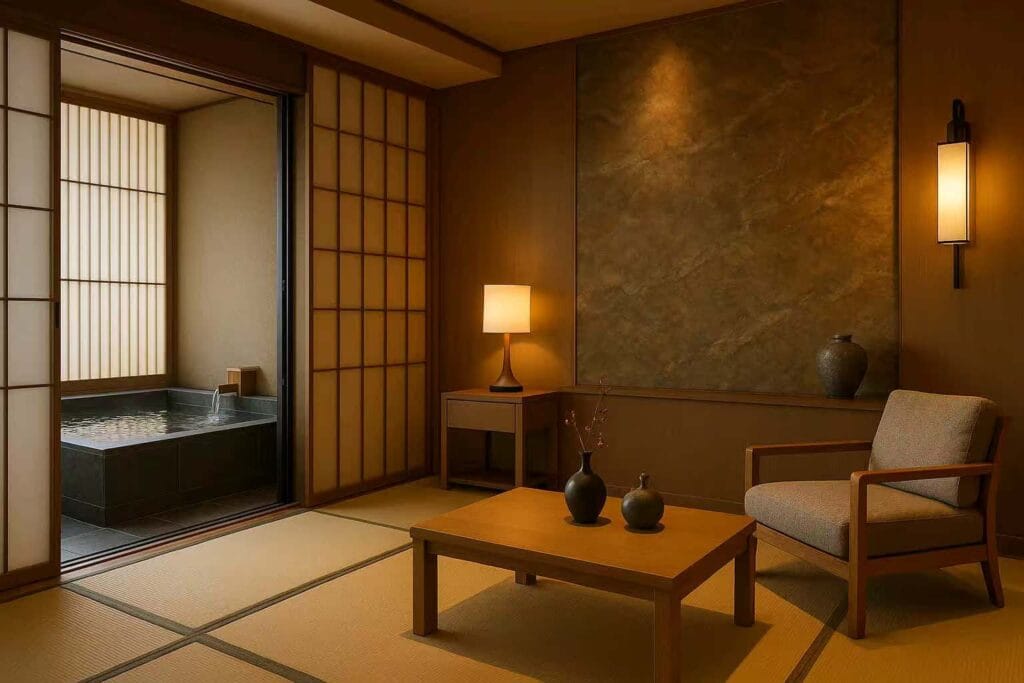 Materials for Hotel Furniture-Japanese hot spring hotel suites have an indoor hot spring, wooden screens, low tables and other wooden furniture.