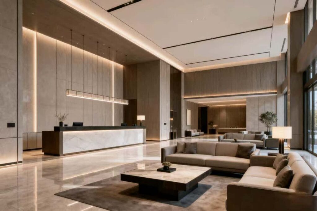 Elegant hotel lobby with durable sofas and exquisite reception desk - enhancing hotel furniture in guest satisfaction