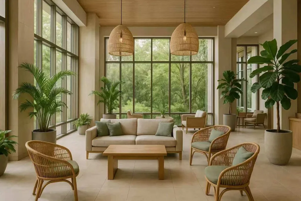 Eco-friendly hotel furniture lobby seating made of sustainable materials, highlighting green design trends