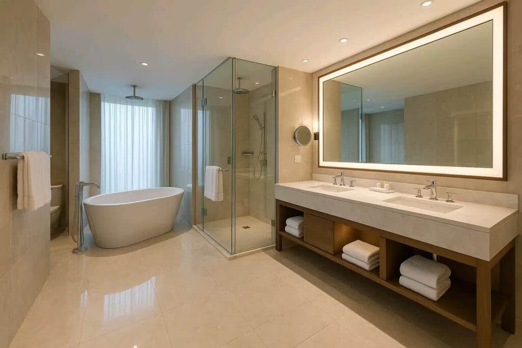 Clean hotel bathroom with spacious vanity and bathtub - boosting hotel furniture in guest satisfaction