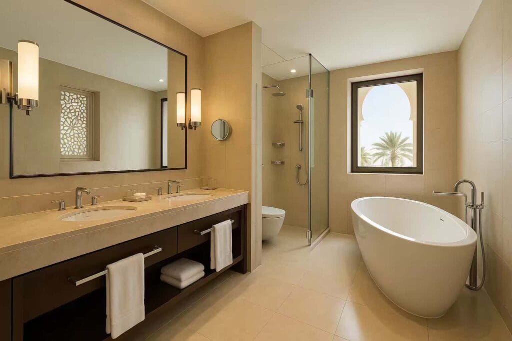 Luxury hotel bathroom with clean design and fixtures