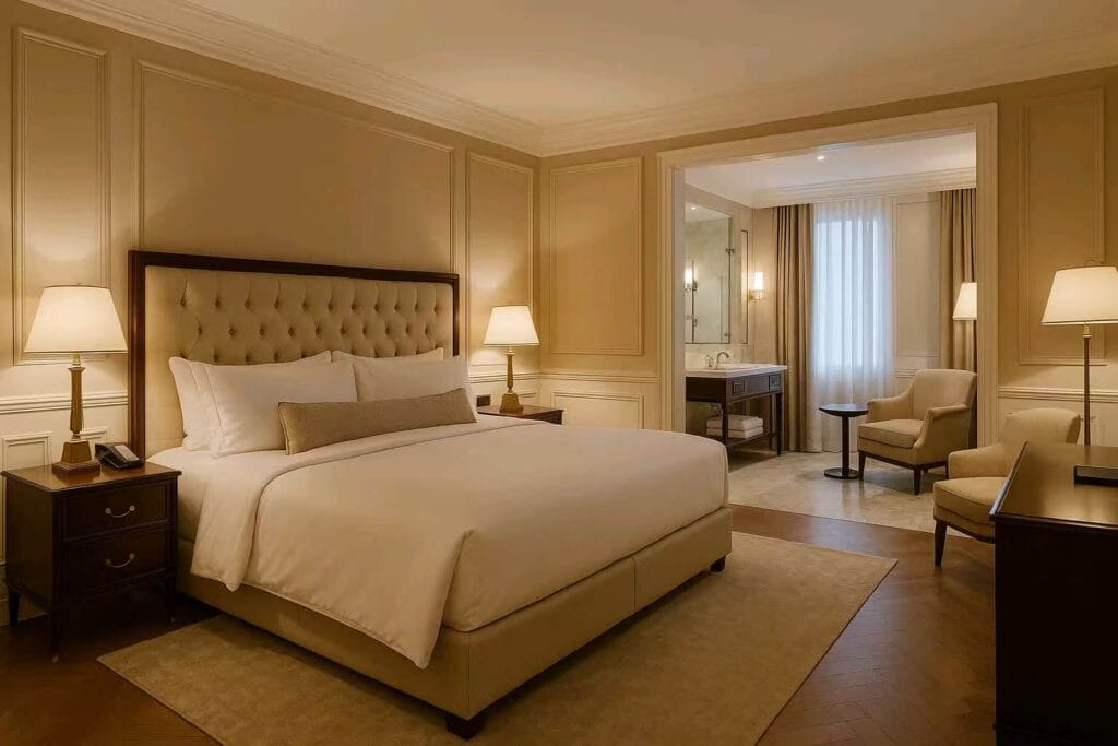 Hotel furniture export checklist-Guest room furniture set exported by PMOU, including bed, nightstands, and lighting fixtures