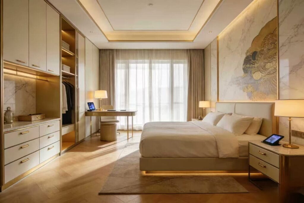 Hotel Room Furniture: The Smart Buyer's Guide to Choosing Furniture That Lasts 1 hotel-room-furniture-layout-with-bed-desk-and-wardrobe-etc