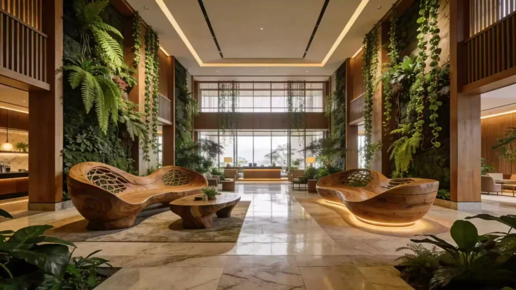 Biophilic hotel design 2026 showcase featuring custom manufactured sustainable furniture and vertical gardens in luxury hotel lobby