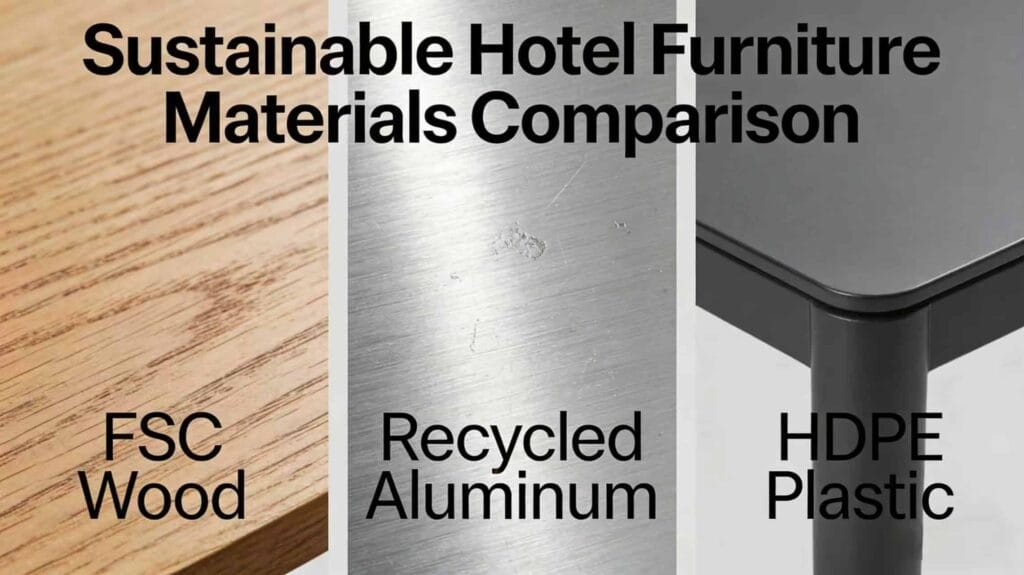 Sustainable hotel furniture materials FSC wood recycled aluminum HDPE plastic comparison