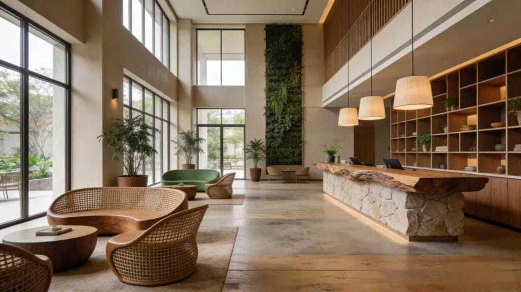 Public rest area with sustainable hotel furniture