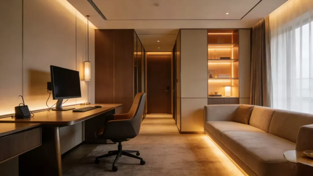 bleisure-hotel-design-2026-with-dual-workspace-and-relaxation-zone-in-modern-hotel-room