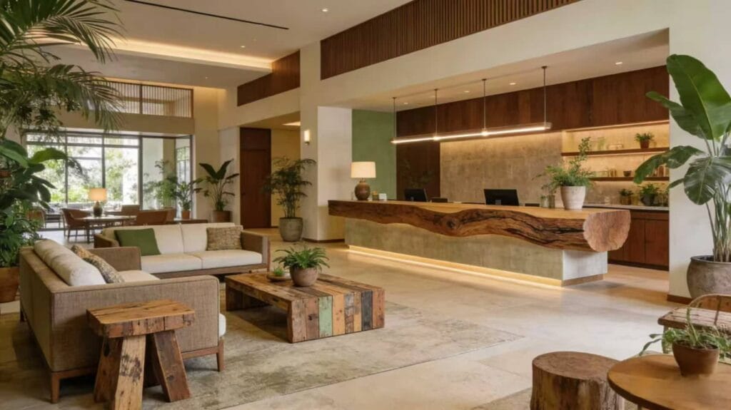 Sustainable hotel furniture lobby design with FSC certified wood and recycled materials