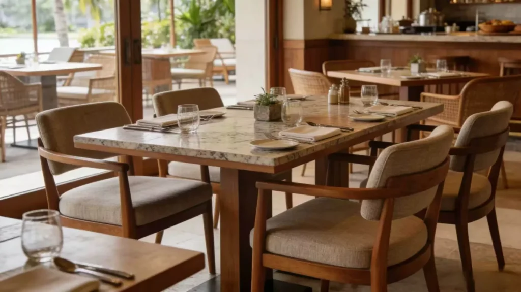 Hotel restaurant interior with solid wood tables, upholstered chairs, and stone surfaces using natural wood tones.