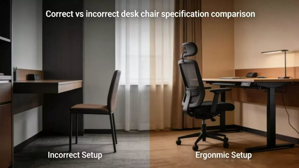 Ergonomic Hotel Furniture Guide: The Spec-First Approach to Happier Guests 2 ergonomic-hotel-furniture-guide-correct-vs-incorrect-desk-chair-specification-comparison