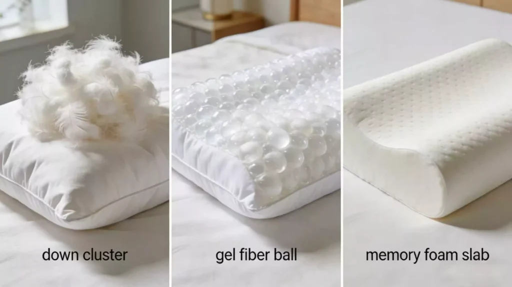 Hotel Pillow Filling Comparison: Down, Fiber & Memory Foam — Which One Is Costing Your Property Money? 2 hotel-pillow-filling-comparison-down-vs-fiber-vs-memory-foam-cross-section