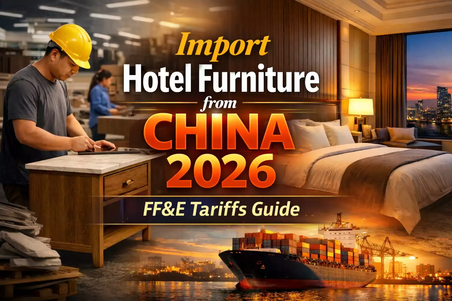 Import hotel furniture from China 2026 FF&E tariffs guide showing factory production, luxury hotel room, and global shipping logistics