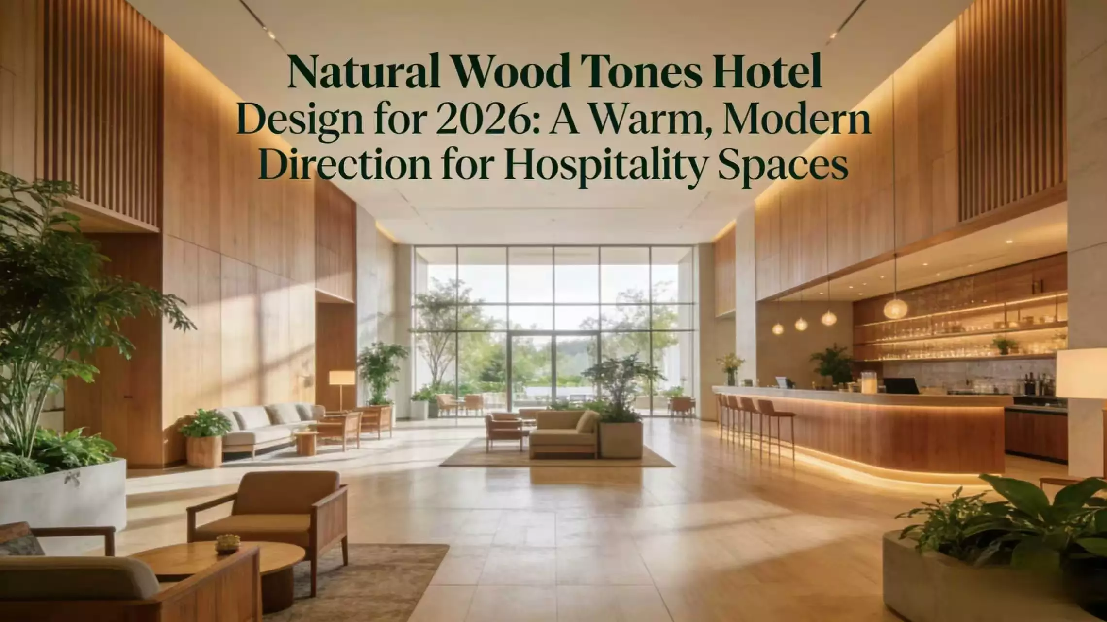 Modern hotel lobby with light oak wood panels, custom wood reception desk, and warm ambient lighting in natural wood tones hotel design.