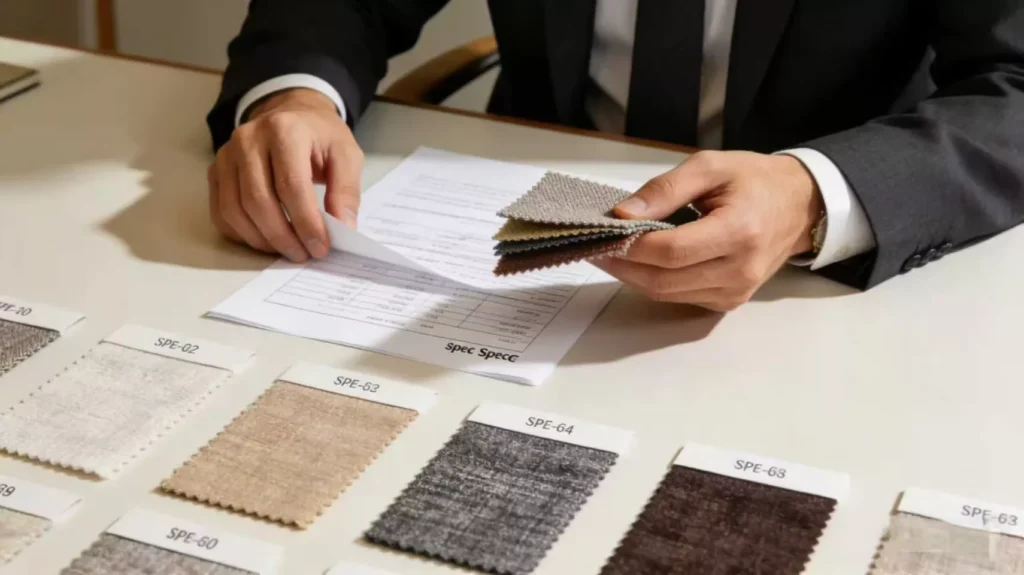 hotel-procurement-manager-evaluating-bedding-samples-hotel-bedding-selection-process