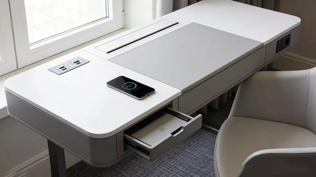 hotel-desk-with-built-in-wireless-charging-and-pop-up-power-outlets-for-business-travelers