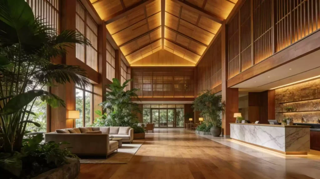hotel lobby with green plants, custom wood reception desk, and warm ambient lighting in natural wood tones hotel design.