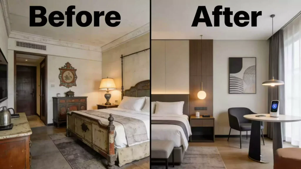 Hotel Property Improvement Plan (PIP): A Practical FF&E Guide for Hotel Owners and Operators 2 hotel PIP before and after guestroom furniture upgrade FF&E