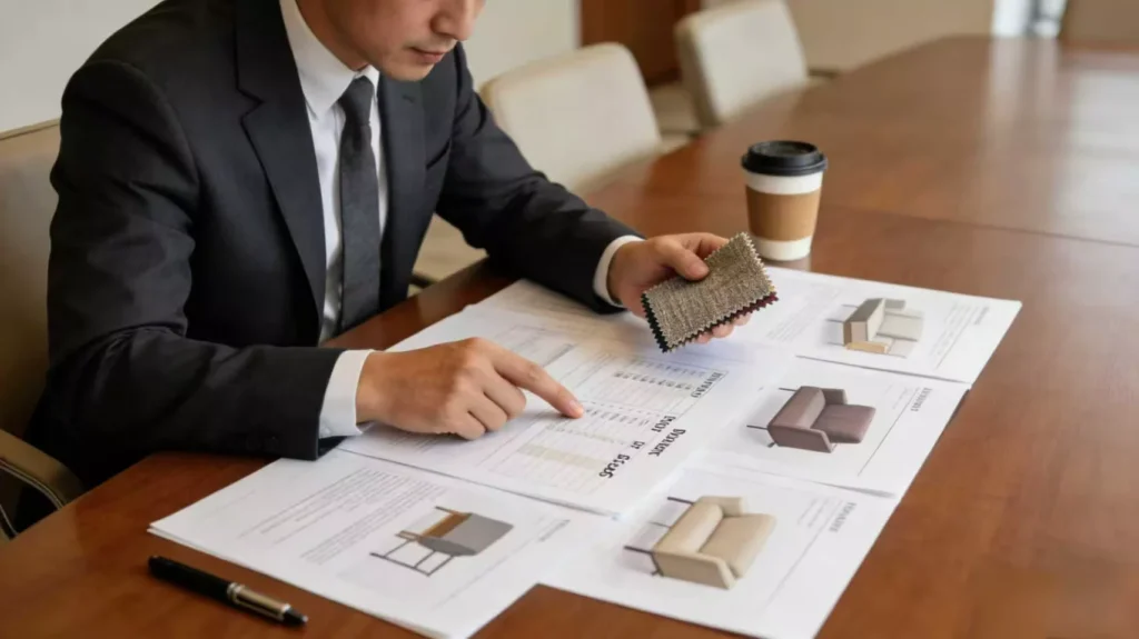 Ergonomic Hotel Furniture Guide: The Spec-First Approach to Happier Guests 3 hotel-ff&e-procurement-team-reviewing-ergonomic-furniture-specifications-and-supplier-documents