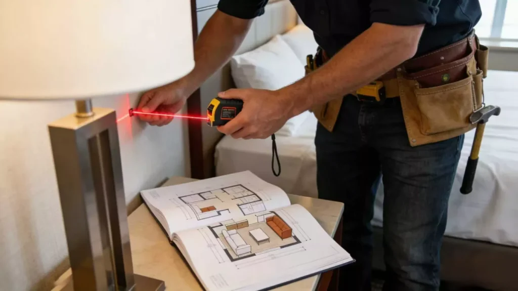 Hotel Furniture Installation Best Practices: Avoid 5 Common Mistakes 2 Hotel FF&E installer conducting pre-installation site survey verifying wall blocking positions before furniture delivery