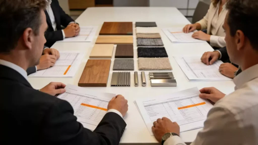 Import Hotel Furniture from China (2026): FF&E Tariffs Guide 3 hotel FF&E procurement meeting with supplier discussing materials and specifications