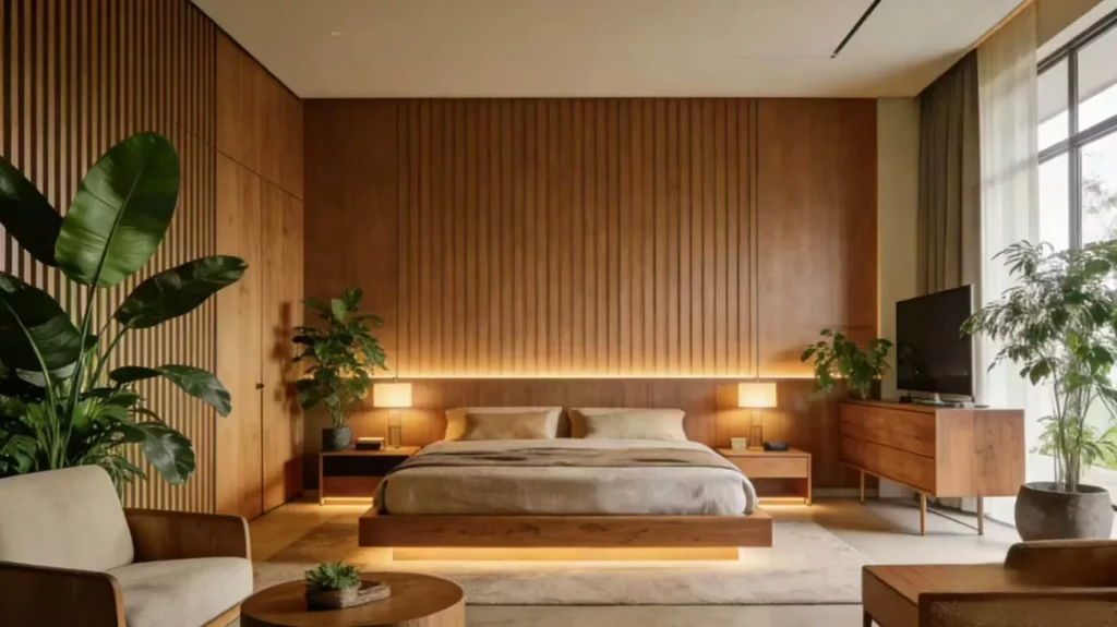 Hotel guest room with wood veneer headboard wall, integrated bedside tables, and soft lighting in natural wood tones design.