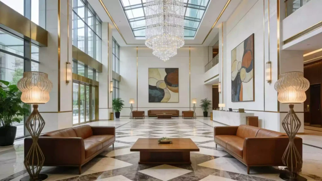 Hotel Furniture Installation Best Practices: Avoid 5 Common Mistakes 3 Hotel lobby showing correctly completed FF&E installation as a reference for hotel furniture installation best practices