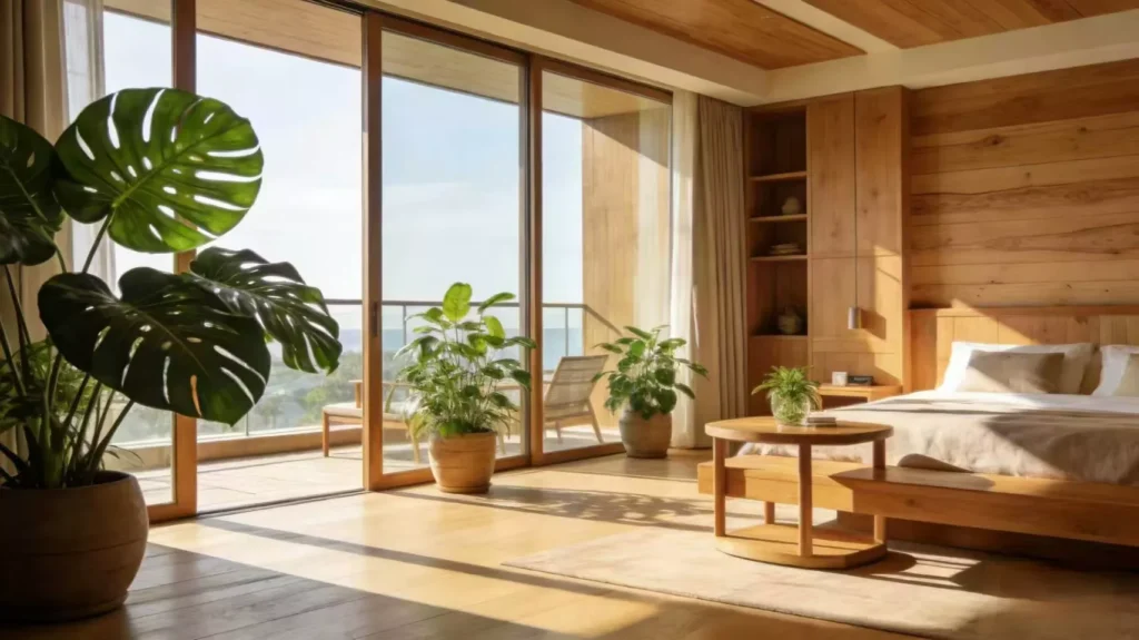 Hotel suite living area with wood panel wall, built-in storage, and mixed materials in natural wood tones hotel design.