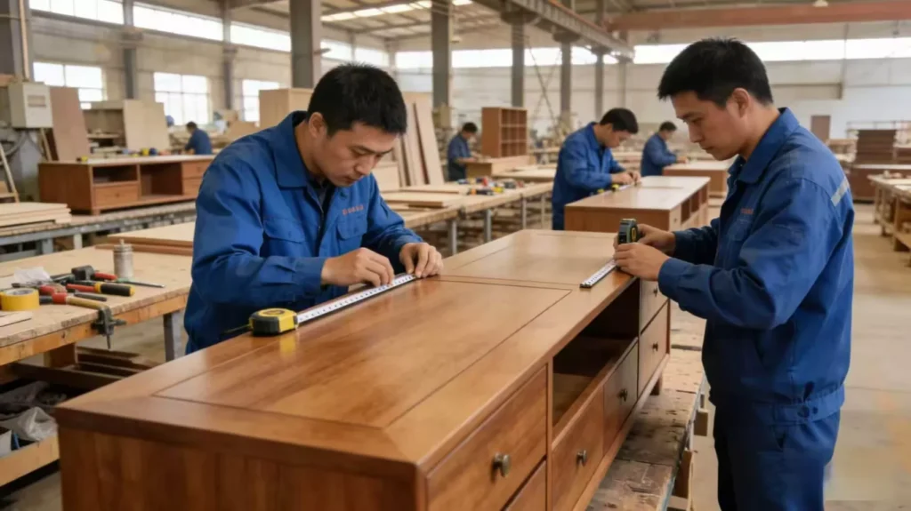 Import Hotel Furniture from China (2026): FF&E Tariffs Guide 2 hotel furniture manufacturing in China factory showing quality inspection process