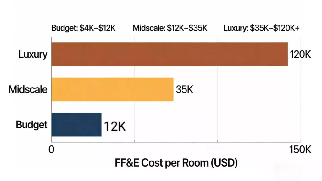 hotel FF&E cost per room comparison budget vs luxury hotels